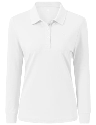Image of MoFiz Women's Long Sleeve Polo Shirts Lady-fit Golf Tennis Top Cotton Casual Work Golf Gym Active Sport Shirt with Buttons White Size US S