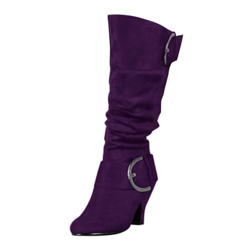 Image of extra wide boots for women Knee High Boots Women Wide Calf High Chunky Heels Winter Boot Comfortable Pointed Toe Pull On Suede Slouch Riding Boot With Belt Buckle Tube Chunky Heeled Tall Shoes