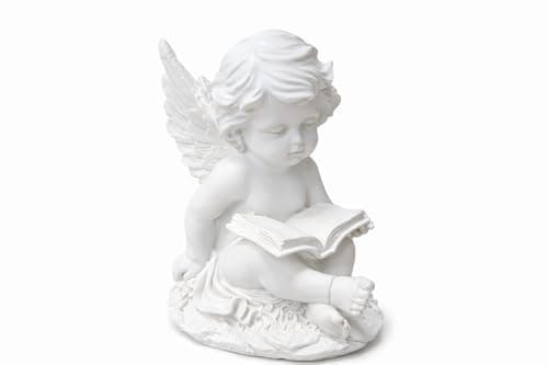 Image of Angel Cherub Reading Book Figurine 22x15cm Resin Ornament White Decorative Baby Angel Statue Home Decor Spiritual Peaceful Shelf Ornament JR2528