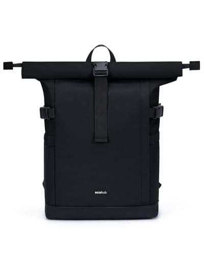 Image of ECOHUB Women's Laptop Backpack, Rolltop Classic Black 15.6 Inch Water Resistant USB Charging Port Stylish Rucksack for Travel Work School (Black)