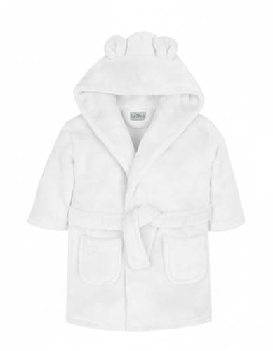 Image of Gift Hub Baby Dressing Gown – Soft & Cozy Hooded Dressing Gown for Babies & Toddlers – Polyester Baby Bathrobe – Newborn Essentials for Bath Time & Everyday Comfort – White 6-12 Months