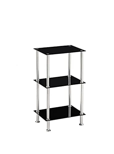 Image of Modernique Glass Shelf Tier Storage Unit, Rectangular Shape in Black or Clear Glass with Chrome Stand, Shelving Unit (Black, Tier 3)