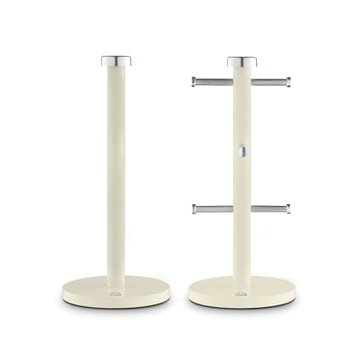 Image of Swan Townhouse Kitchen Towel Pole and 6 Mug Tree Set with Colour Coated Iron, Chrome Accents and Weighted Bases, Cream