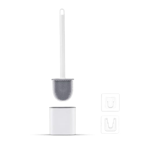 Image of Ibergrif M34151-3 Toilet Brushes & Holders, Deep Cleaner Silicone Toilet Brush, Flat Toilet Brush with Long Handle, Quick Drying Loo Brush and Holder for Bathroom, Base Flooring Wall Mounted, White