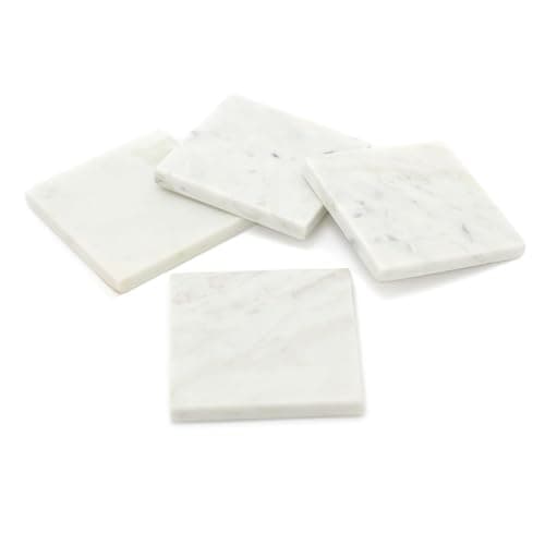 Image of Carousel Home Set Of 4 Square White Marble Coasters | Natural Stone Marble Coaster Set | 4 Piece Drinks Coasters Cup Mug Table Mats