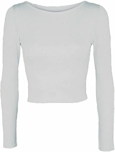 Image of Womens Crop Long Sleeve T Shirt Ladies Short Plain Round Neck Top Ladies Fitness Workout Running T Shirts Plain Cropped Tops (White UK 12-14)