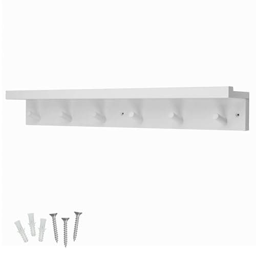 Image of keypak 6 Coat Hooks with Shelf, 68cm Wooden Floating Shelf with Lip, Wall Mounted Coat Rack Hallway Organiser - Pre-Assembled, Fixings Included (White)