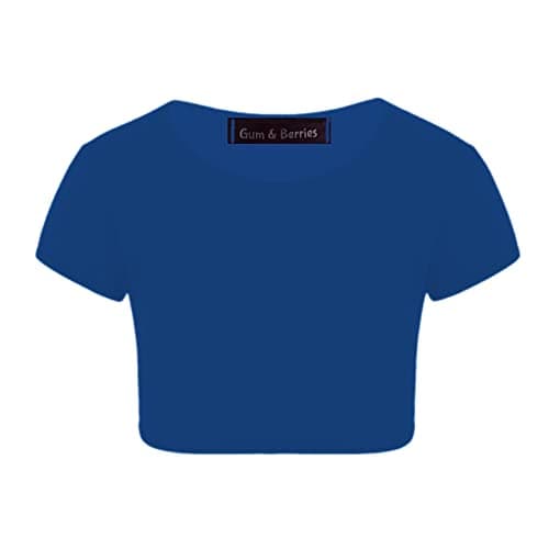 Image of Kids Girls Neon Fluorescent Plain Short Sleeve Crop Tops T-Shirt Tee Top Dance Wear Gymnastic Fancy Dress Colour: Navy Blue - Size: 11-12 Years