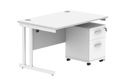 Image of Office Hippo Heavy Duty Contract Grade Office Desk Workstation and Lockable 2-Drawer Pedestal Set, 120kg Weight Tolerance, 5-Year Warranty, FSC Certified, White, White Legs, 1200 x 800mm