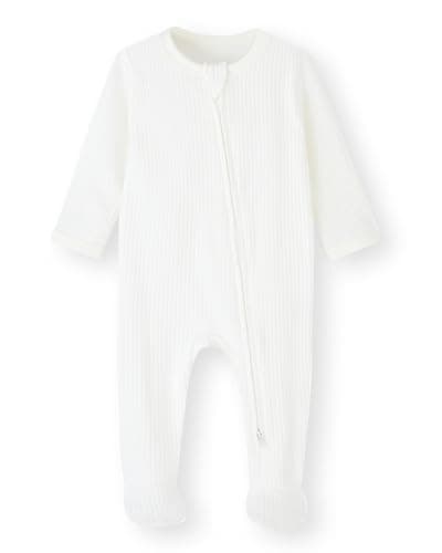 Image of BINUDUCKLING Baby Boys Girls Two-Way Zip Sleepsuit, Baby Footed Pajamas with Mitten Cuffs - Cotton Baby Onesies Long Sleeve Zip Up Baby Grows 9-12 Months, White