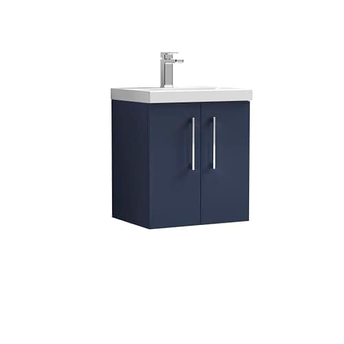 Image of nuie ARN2921A Arno Modern Bathroom Wall Hung 2 Soft Close Door Vanity Unit and Mid-Edge Basin, 500mm, Midnight Blue