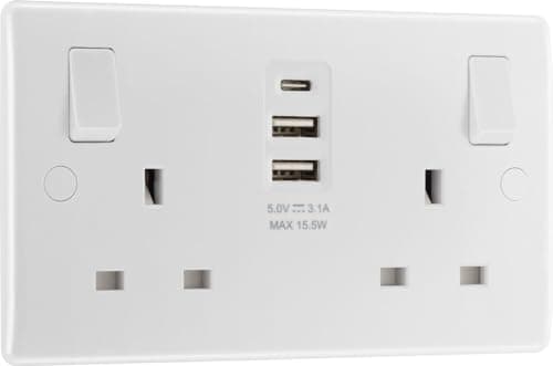 Image of BG Electrical 15W Double Switched Power Wall Plug Socket with Two Type A and Single Type C USB Charging Ports, Round Edge, Nexus 800 Series, White Moulded, 13A, 822UAAC15