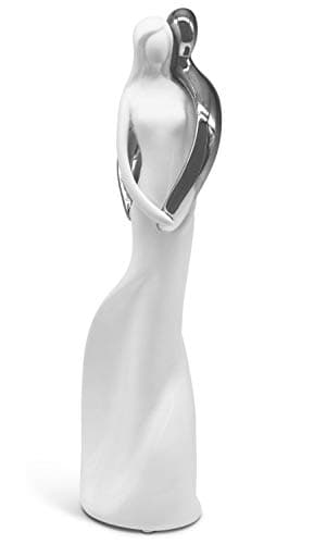 Image of Sculpture "Affection" - ceramic couple in love in white & silver as decoration - modern sculpture 31cm high - figure as symbol for love & harmony - decoration ideal as gift