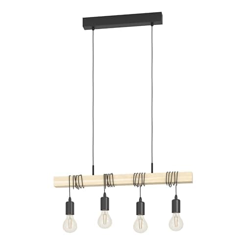 Image of Eglo Townshend 4-Flame Vintage Wooden Pendant Light, Rustic Retro/Industrial Design Ceiling Light, E27 Socket, Black/Brown