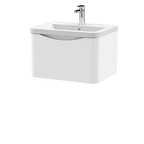 Image of nuie LUN105A Lunar Modern Bathroom Wall Hung 1 Drawer Vanity Basin Unit & Ceramic Basin, 600mm, Satin White