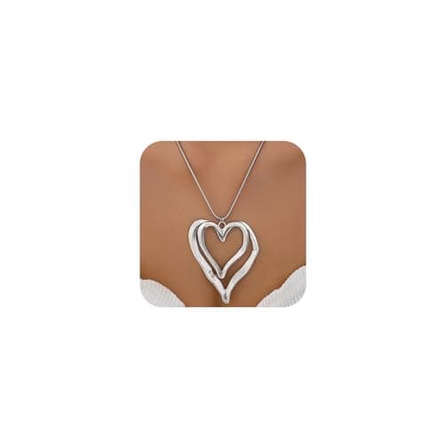 Image of Chunky Gold Double Big Heart Necklace for Women Statement, Exquisite Thick Large Silver Love Heart Pendant Chain Choker Necklaces Y2K Party Jewelry Gift, One Size, Metal, No Gemstone