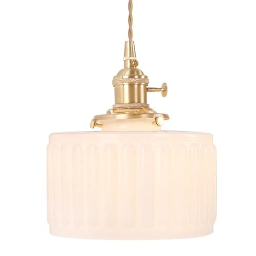 Image of Shenmoyl Pendant Light with White Striped Glass Lampshade, Brass Vintage Pendant Light Adjustable Hanging Light for Kitchen Island Dining Room Hallway