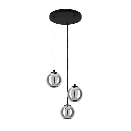 Image of Eglo Ariscani Cluster Pendant Lamp, 3 Shades Dining Room Ceiling Light, Black Metal and Smoked Glass Hanging Light Fitting, E27 Socket, 16.7”