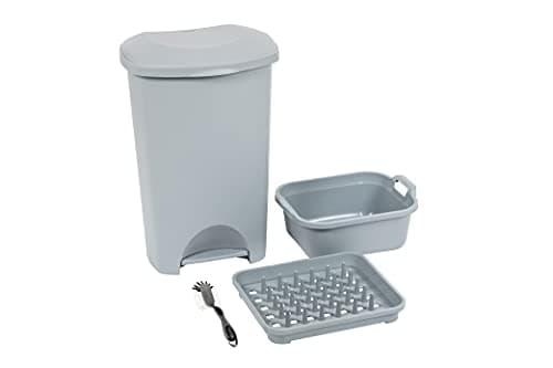 Image of Addis 4 piece Eco Made from 100% Plastic Family Kitchen Office Starter bulk set includes 50 litre pedal bin, Washing Up Bowl, draining plate rack & dish brush, Recycled Light Grey, 519069AMP