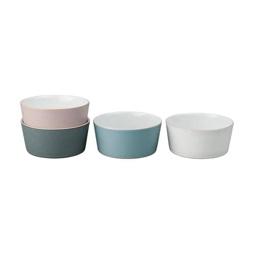 Image of Denby - Impression Mixed Colour Straight Rice Bowls Set of 4 - Dishwasher Microwave Safe Modern Crockery - Blue, Pink, Cream, Black Ceramic Stoneware Tableware
