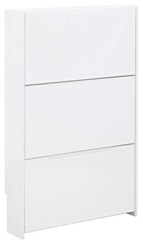 Image of GFW Narrow High Gloss 3 Tier Shoe Cabinet Stores Up To 9 Shoes, Wooden Slim Shoe Organiser Cabinets for Home Entryway, Hall & Bedroom, White, H-112cm x W-72cm x D-17cm