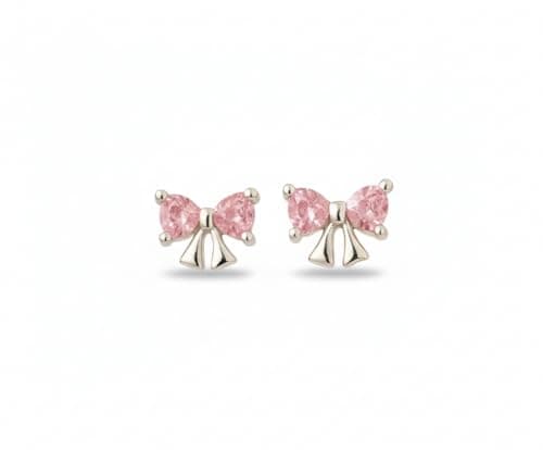Image of 925 Sterling Silver Bow Stud Earrings with Pink Cubic Zirconia, Dainty Ribbon Earrings for Women & Girls, Hypoallergenic Jewellery Gift