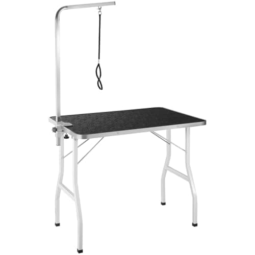 Image of tectake® Dog Grooming Table with Height-Adjustable Grooming Arm & 1 Rotatable Leash, Foldable Pet Grooming Table with Non-Slip Surface, Sturdy Frame & 60 kg Load Capacity for Dogs & Cats - Black/White