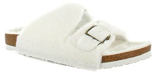 Image of ella Ladies Faux Fur Sliders Fluffy Summer Footbed Sandals Luxury Slip On Mules Slippers With Buckle (White, UK 6, EUR 39)