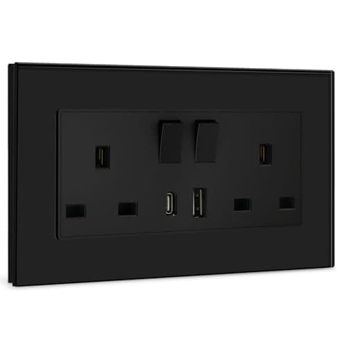 Image of BSEED Double Switched Sockets with USB C and USB A Charging Ports, UK Standard Electric Power Sockets with Glass Panel, 2 Gang 13A Wall Socket, Black