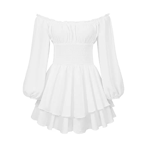 Image of Women Puff Sleeve Square Neck Romper Dress Off Shoulder Ruffle Shorts Smocked Layered Flowy A Line MiniBeach Swing Dress Sundress (B-White, L)