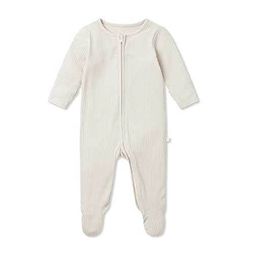 Image of MORI Baby Boys and Girls Ribbed Clever Sleepsuit in Ribbed Ecru - Two Way Zipped Organic Pyjama - Comfortable Toddler Footed Nightwear - 0-3 Months