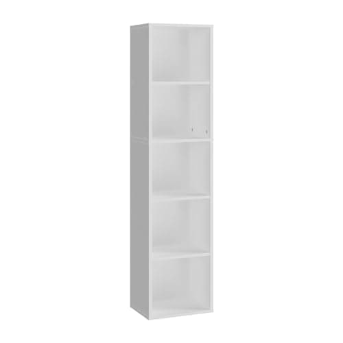 Image of Panana Wooden Cube Bookcase - 2/3/4/5/6 Tier Display Unit Tall Narrow Bookshelf for Office, Living Room, Bedroom Furniture (White, 5-Tier)