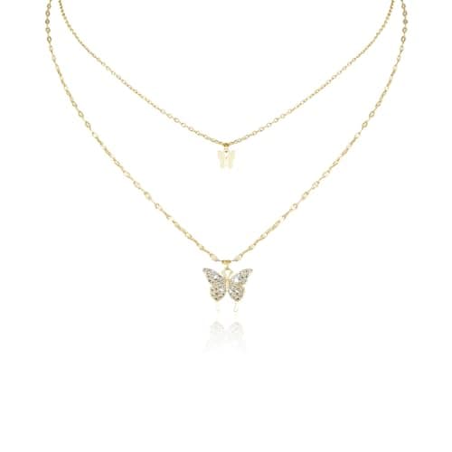 Image of MultiValue Double Layer Clavicle Chain Necklace, Silver Butterfly Necklace Retro Silver Jewellery Cubic Zirconia Butterfly Pendant Double Layered Necklaces for Women Girl (Gold)