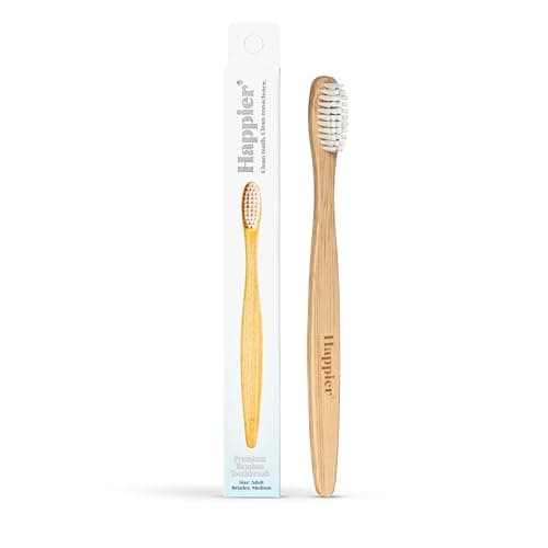 Image of Happier Beauty Bamboo Toothbrush - Biodegradable Plastic Free Toothbrushes with Medium Bristles, Ergonomic Handle and Head