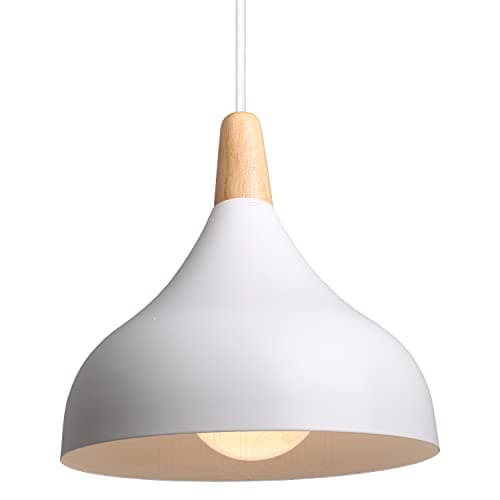 Image of iDEGU Retro Pendant Ceiling Light Modern Drop Style Hat Lampshade E27 Ceiling Light Retro Light Fixture in Metal Wood Pendant Lamp for Bedroom, Dining Room, Kitchen, Φ 20 cm (White)