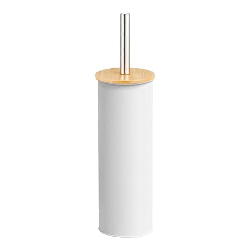 Image of Amig - Naturline Toilet Brush Holder - Ø95 x 380 mm - Steel and Bamboo - White - Durable and Elegant Bathroom Brush - Natural Design to Suit All Bathroom Styles