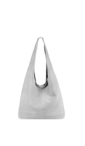 Image of Ladies New Italian Genuine Real Suede Leather Oversize Slouch Shoulder Tote Bag (Light Grey)