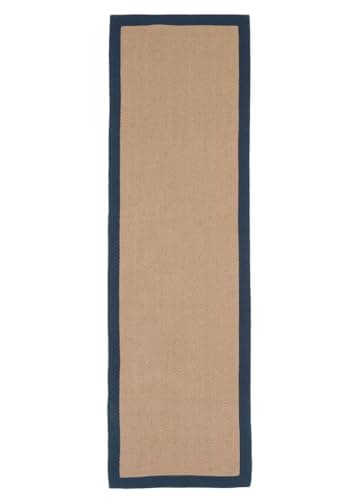 Image of Natural Navy Blue Cotton Border Herringbone Non Slip Jute Runner Rug Soft Durable Flatweave Mat Sisal Living Room Entrance Kitchen Hallway Carpet Rugs 70cm x 240cm