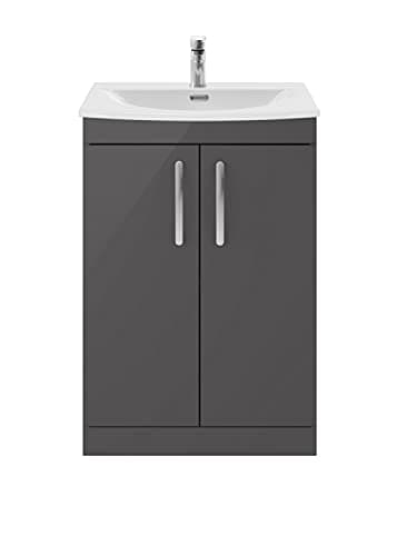 Image of nuie ATH075G Athena Modern Bathroom Floor Standing 2 Soft Close Doors Vanity Unit with Curved Ceramic Basin with 30mm Profile, 600mm, Gloss Grey
