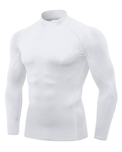 Image of POIHIDE Compression Shirts for Men Gym Workout Tops Long Sleeve Base Layer Sports Tops Activewear Quick Dry Muscle Fit Shirts Running Undershirts Training T Shirts Clothes Mock Turtleneck White