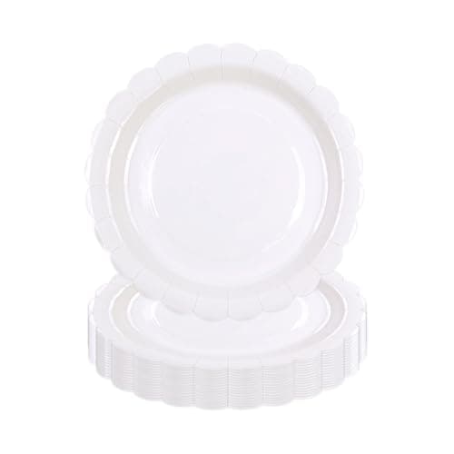 Image of DHAIQC 50 Pcs White Paper Plates 7 inch/18cm, Scalloped Party Plates Disposable Cake Dessert Dinner Plates for Birthday Baby Shower Wedding Party Decorations Supplies (White, 18cm)
