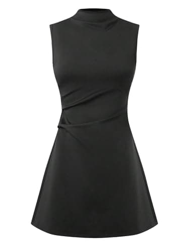 Image of GORGLITTER Women's Mock Neck A Line Flared Mini Dresses Sleeveless Ruched Elegant Going Out Dress Black Small