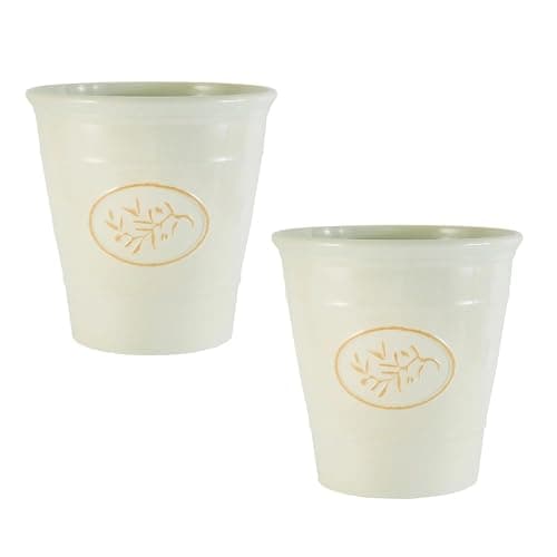 Image of Coopers of Stortford - Set of Two Decorative Planters with Raised Olive Branch Detail - Lightweight Durable Pots with Glossy Ceramic Style Finish (Cream)