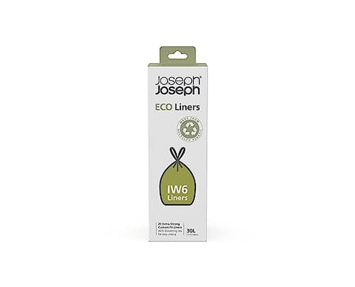 Image of Joseph Joseph IW6 Eco Recycled plastic Bin Liners, Kitchen Waste Bags With Tie Tape Drawstring Handles, Extra Strong – Pack of 20, Holds 30 Litres, Grey