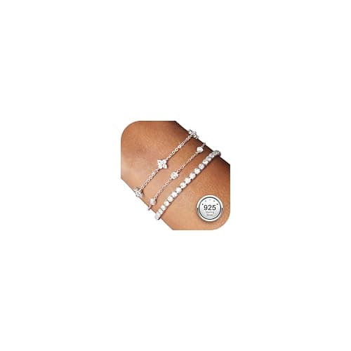Image of Finrezio 3 Pcs Silver Bracelets Sterling Silver Bracelet Set Layered Dainty Chain with Zirconia Bracelet Adjustable Tennis Bracelets Ladies Silver Bracelets Jewelry for Women