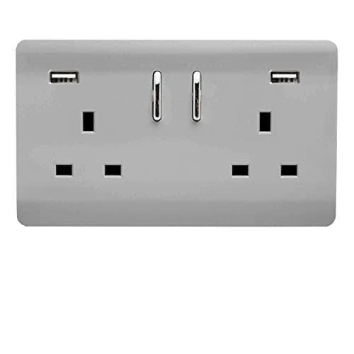 Image of Trendi 2 Gang Artistic Modern Glossy 13 Amp 2 x 3.1A USB Switched Plug Socket Steel
