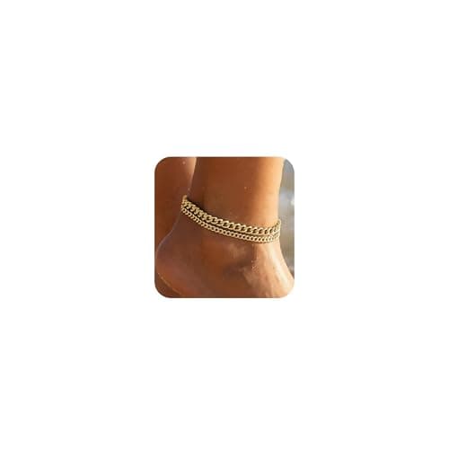 Image of Tressora Gold Ankle Bracelets for Women - 14K Gold Plated Cuban Chains, Adjustable Size, Gift for Mother's Day, Beach