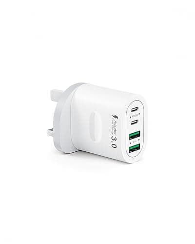Image of USB C Plug Fast Charge, 60W 4-Port Multi USB Plug UK Dual Port PD Power Adapter (5V/3A, 9V/3A, 12V/2.5A)+QC Mains Wall Charger, Type C Fast Charging for iPhone 16/15/14/13/12 Pro Max, Samsung, iPad
