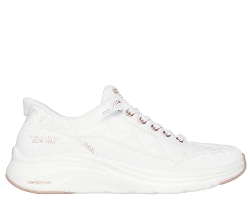 Image of Skechers Women's Contour Foam Golden Hour Slip-On Sneakers, White Mesh/Duraleather/Leather/Rose Gold Trim, 4 UK