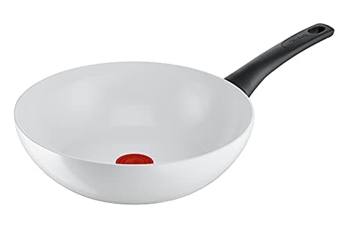Image of Tefal C41719 Ceramic Control Wok Pan 28 cm Safe Ceramic Seal Thermo-Signal Temperature Indicator Easy Cleaning Suitable for Induction Cookers White
